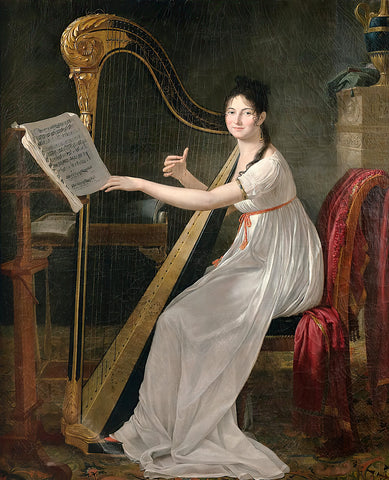 Portrait of Adèle Papin playing harp, 1799