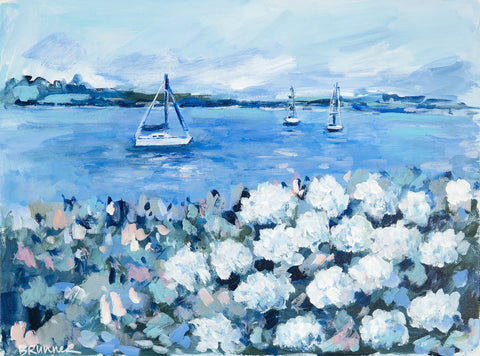 Sailboats and White Hydrangeas 1 -  Michelle Brunner - McGaw Graphics
