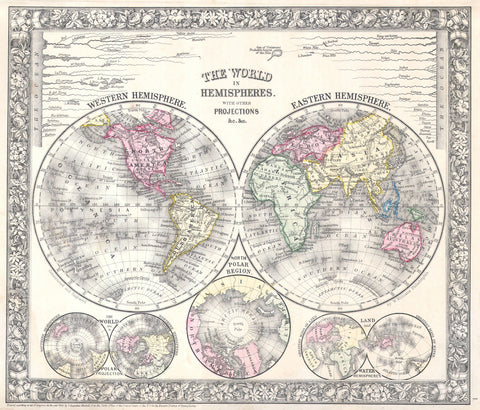 Mitchell - Map of the World in Hemispheres, 1864 -  Vintage Map - McGaw Graphics