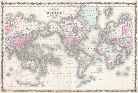 Johnson - Map of the World on Mercator Projection, 1862 -  Vintage Map - McGaw Graphics