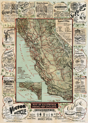 Map of California Roads for Cyclers, 1896 -  George W. Blum - McGaw Graphics