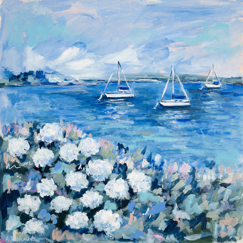 Sailboats and White Hydrangeas 2 -  Michelle Brunner - McGaw Graphics