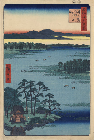 Bird's-eye View of Inokashira Pond with Bridge Leading to Small Island and the Benten Shrine -  Ando Hiroshige - McGaw Graphics