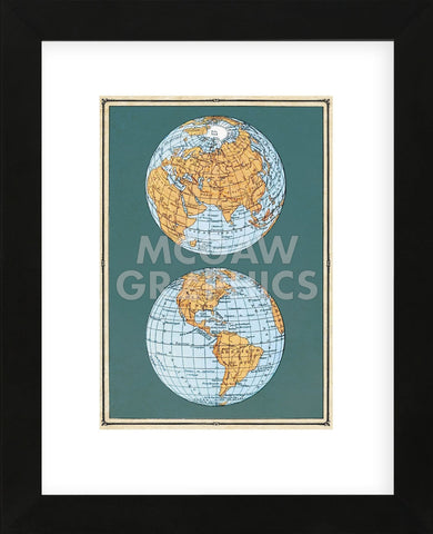 Map of the World’s Hemispheres, two views (Framed) -  Vintage Reproduction - McGaw Graphics
