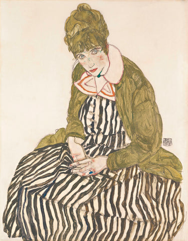 Edith with Striped Dress, Sitting, 1915 -  Egon Schiele - McGaw Graphics