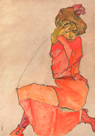 Kneeling Female in Orange-Red Dress, 1910 -  Egon Schiele - McGaw Graphics