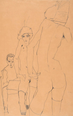Schiele with Nude Model before the Mirror, 1910 -  Egon Schiele - McGaw Graphics