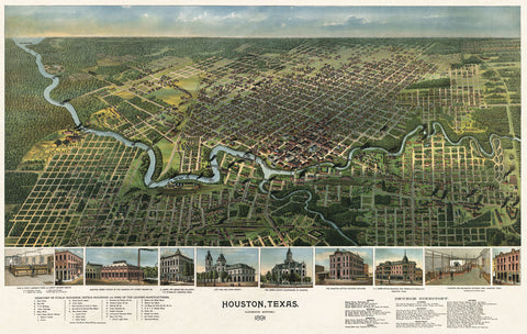 Bird’s Eye Map of Houston, Texas, 1891 -  Vintage Reproduction - McGaw Graphics