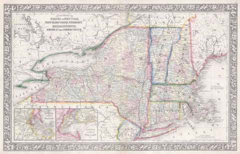 Mitchell - Map of New York, Massachusetts, Connecticut, Rhode Island, New Hampshire, and Vermont, 1864 -  Vintage Map - McGaw Graphics